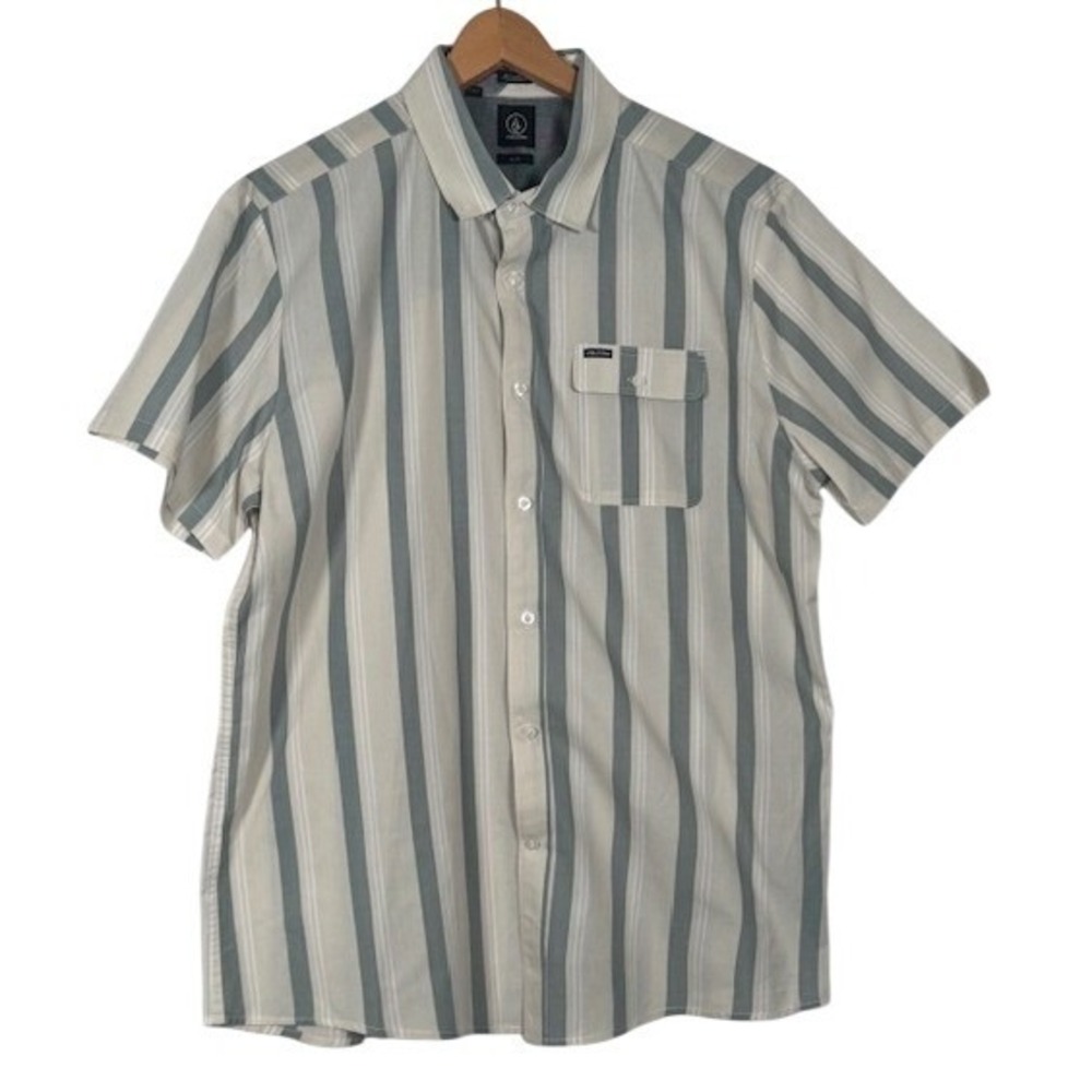 Volcom Mens Short Sleeve Button Up Shirt Stripe Casual XL TG Modern Coupe